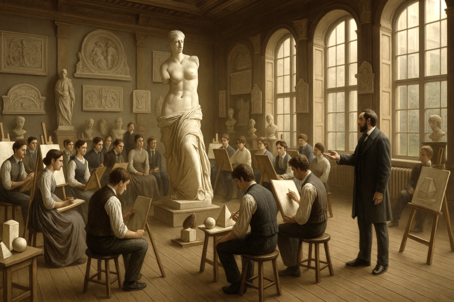 19th-century art students drawing from plaster cast with geometric solids.