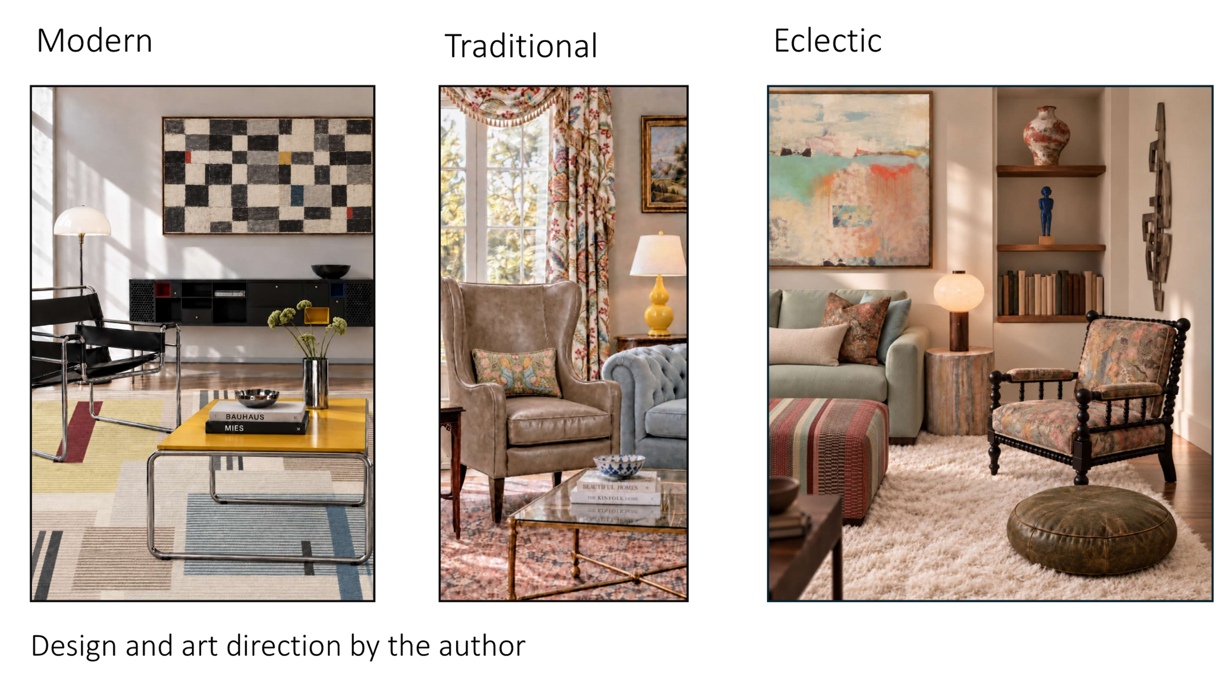3 living room partial views. 1 Modern  2. Traditional 3. Eclectic