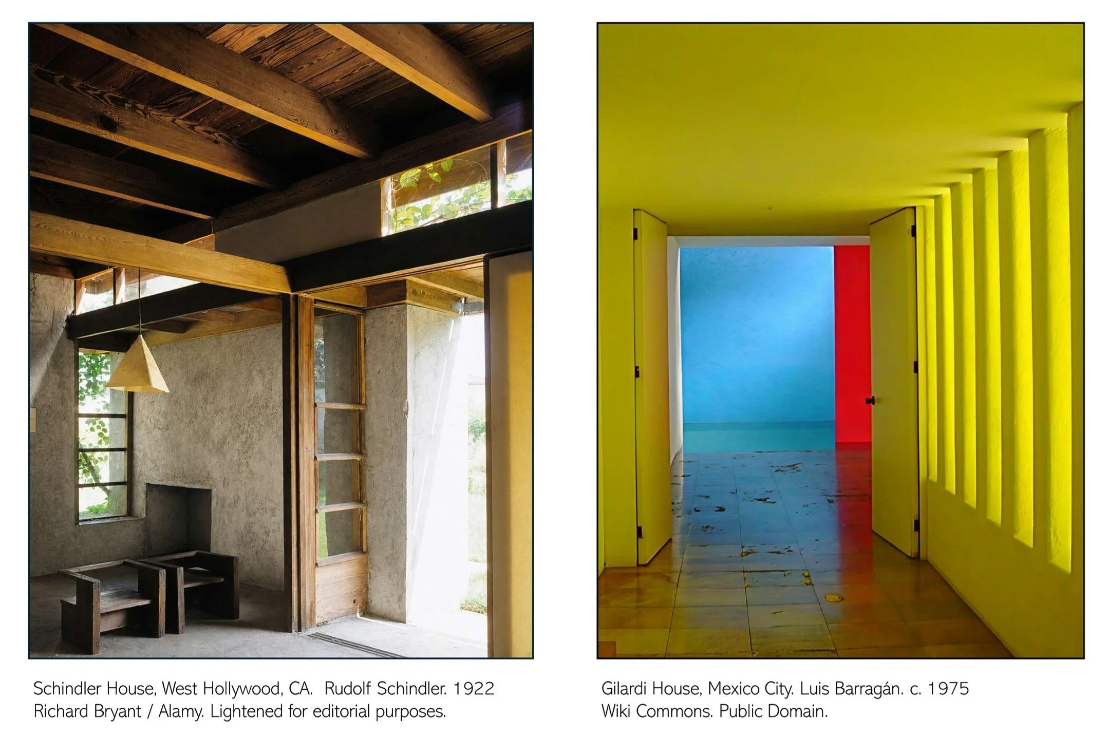 Side-by-side comparison of Rudolf Schindler's Schindler House and Luis Barragán's Gilardi House, showing how exposed materials, plaster, light, and color express the shared principle of material authenticity in two distinct architectural languages.
