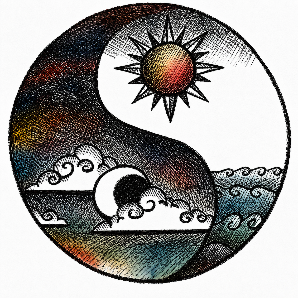 a black line hand drawing of the yin/yang symbol with sun, moon, clouds, water and some color wash