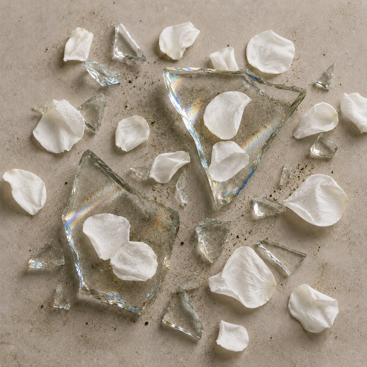 white rose petals and broken glass reflecting prism colors thrown together haphazardly