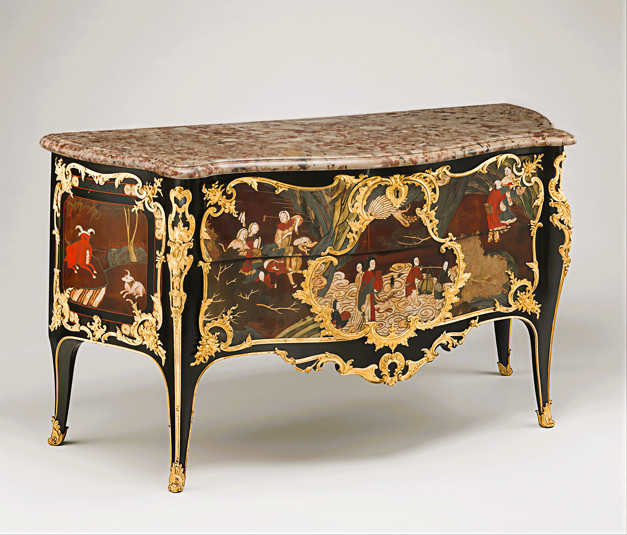 a Louis XV commode featuring inset pieces from a colorful Chinese Coromandel screen