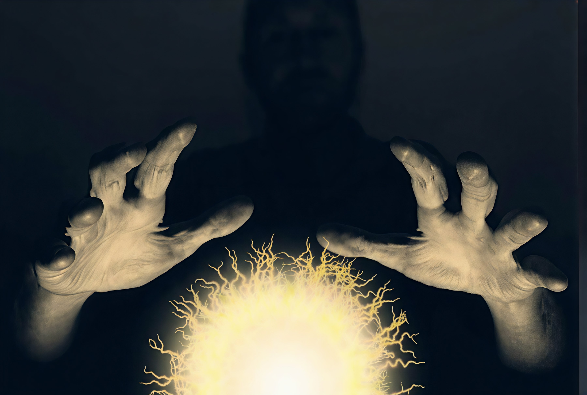 A pair of magicians hands over a glowing ball in the darkness