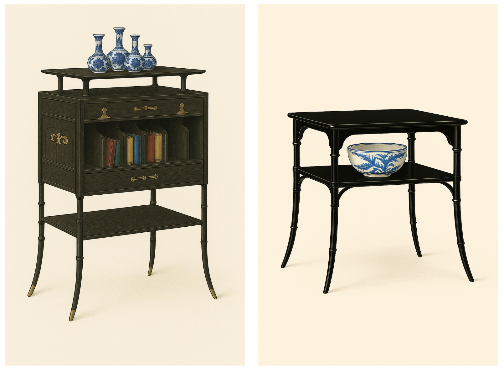 Two pieces from the William Watt advertisement, rendered in AI, to show color and details.  Most, but not all, pieces were ebonized – painted black to imitate Japanese lacquer. The elegantly curved legs are notched to imitate bamboo.