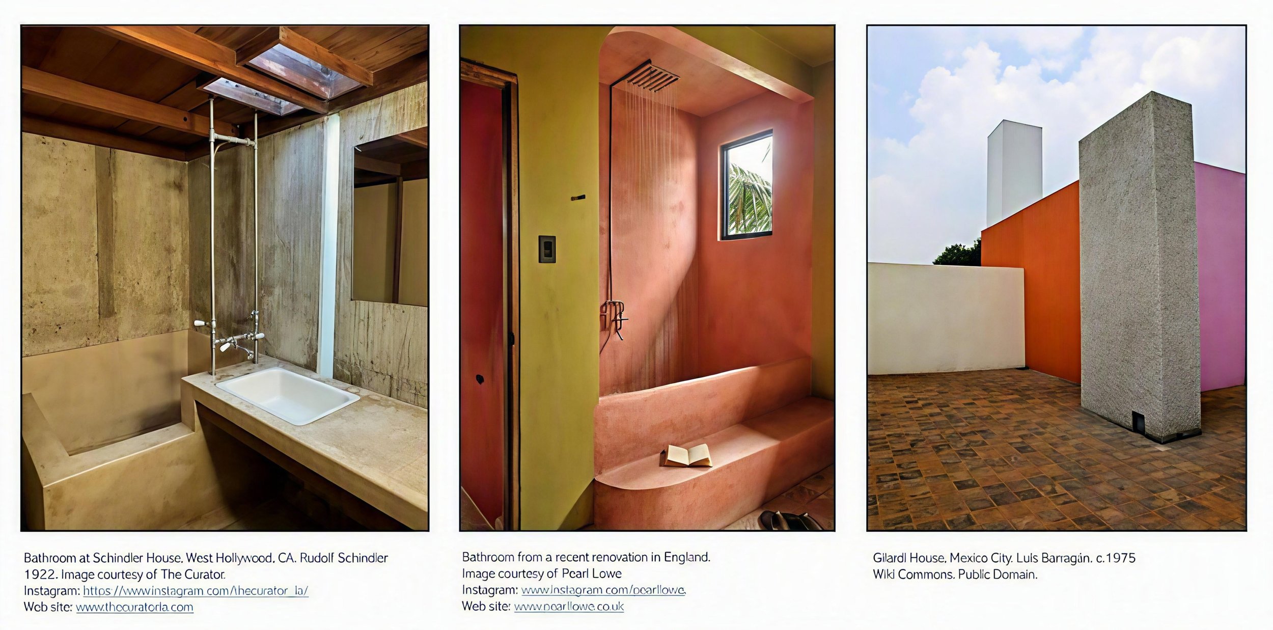 Three-way comparison showing how Pearl Lowe's contemporary bathroom draws on Schindler's structural honesty and Barragán's expressive use of textured plaster and color to create a contemporary interpretation of material authenticity.