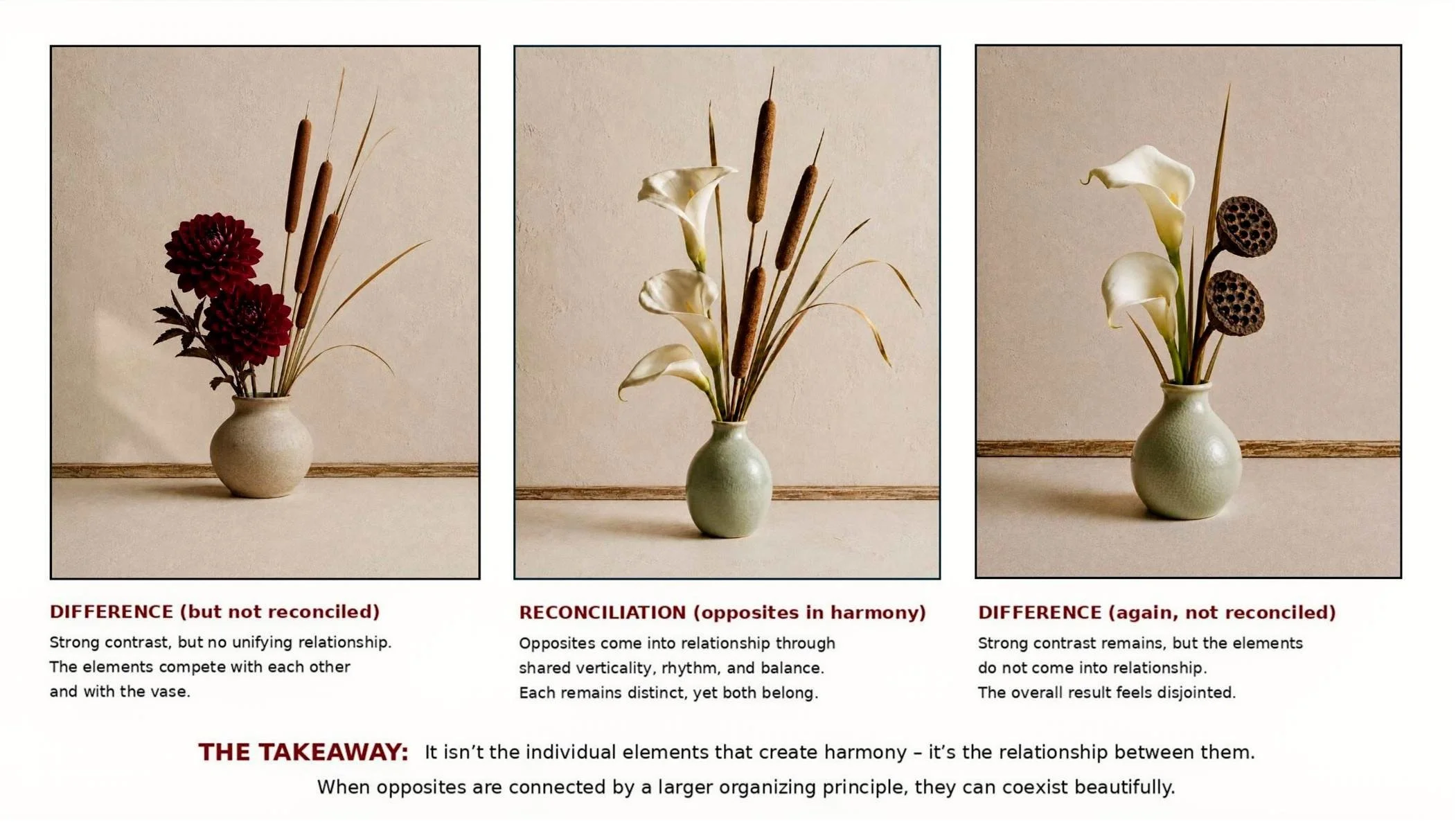 a group of 3  vases, the center being the calla lilies, with a vase on either side showing a combination of 2 floral elements that do not work as well