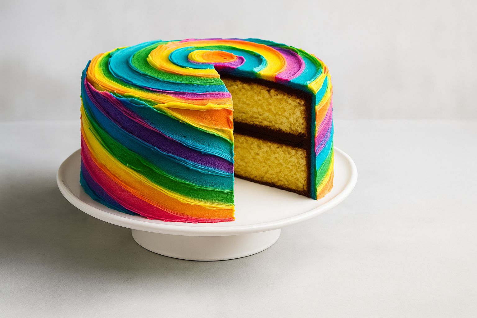 A cake with multi-colored icing on a raised cake plate with one slice out of it, revealing  vanilla cake beneath.