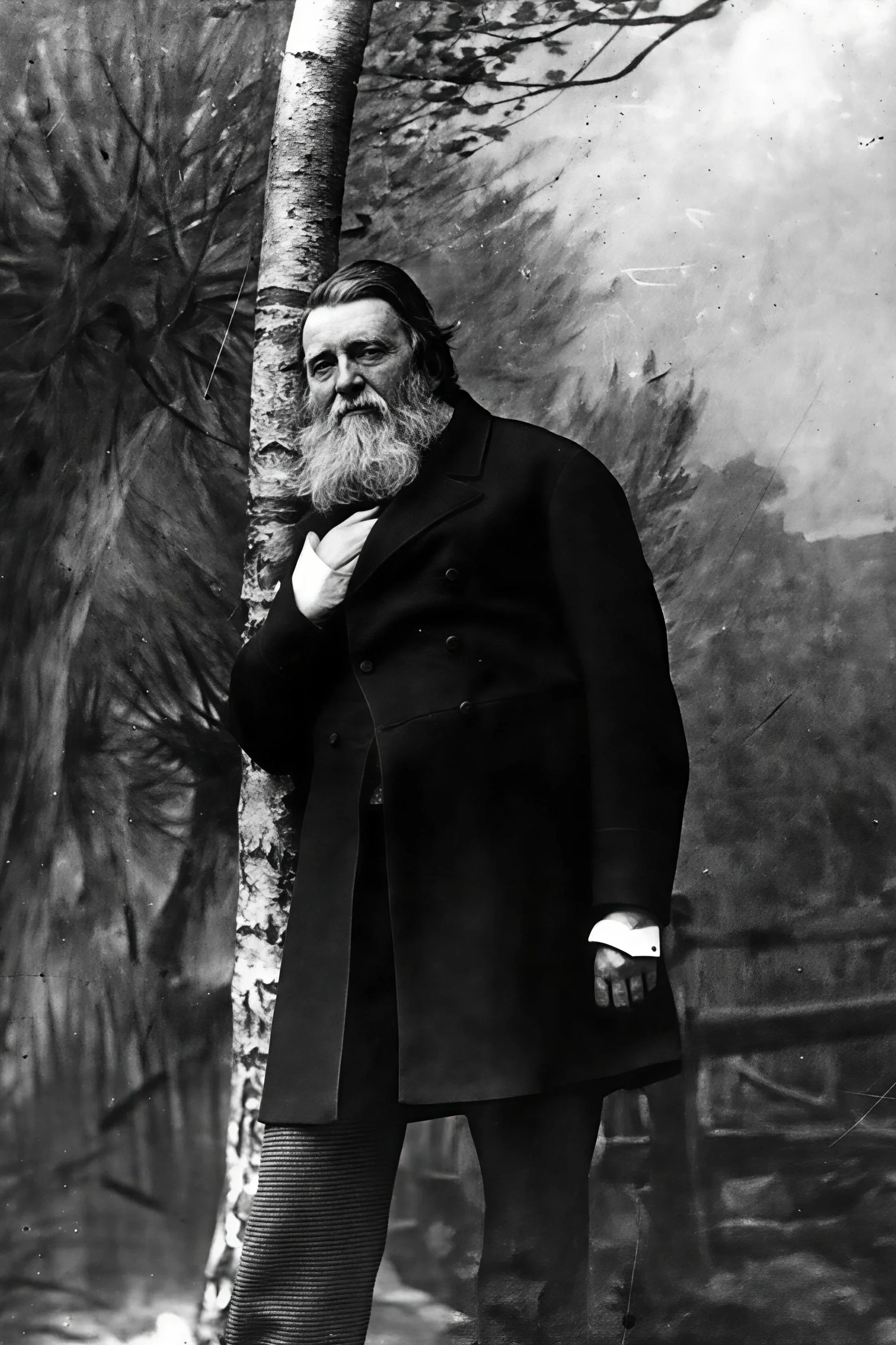 Black and white photo of a 19C older, well-dressed gentleman with longish hair and graying beard, leaning against a tree in the woods