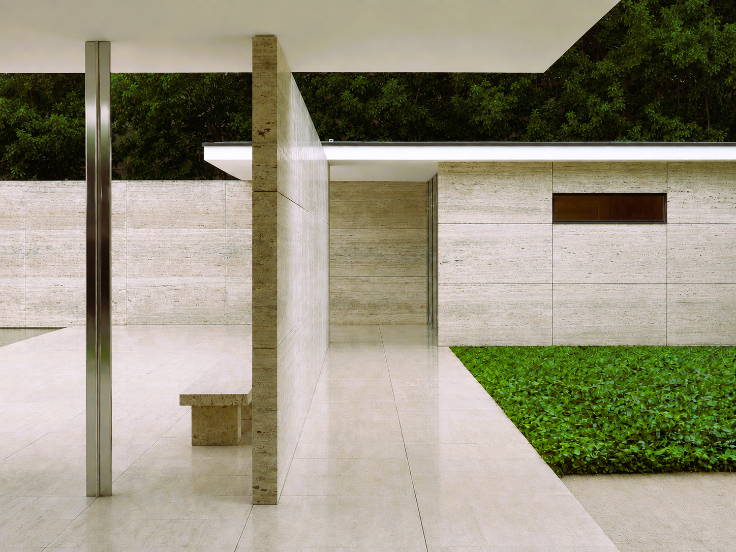 a detail view of the Barcelona Pavilion, an iconic minimal, early Modern structure, composed of plain white/gray travertine, in a cropped view that makes it seem like a  painting