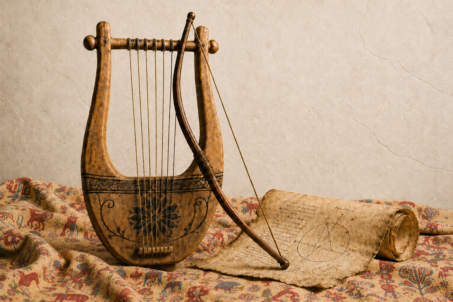 A bow and a lyre from classical antiquity on an oriental carpet with a scroll showing a geometric diagram and script