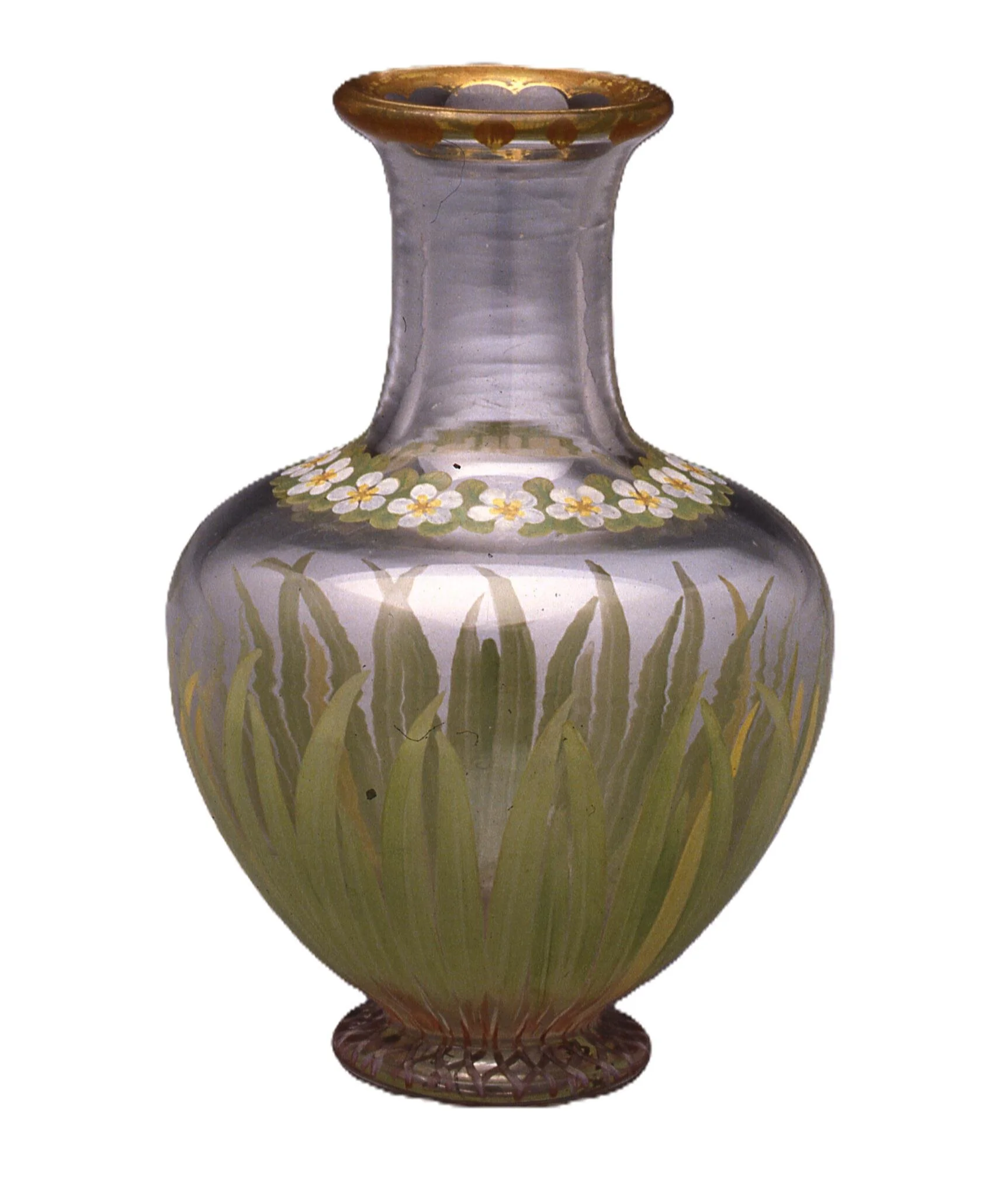 Glass carafe with minimal ornament of leaves and flowers that follow the form of the carafe and express its purpose: holding water