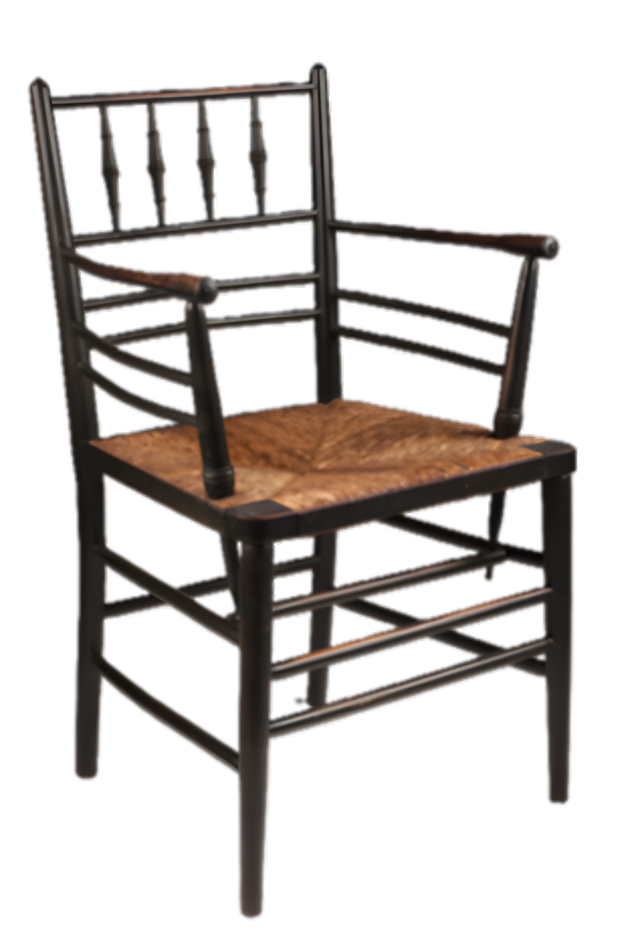Vernacular turned ebonized chair with rush seat, showing Morris' homage to the authenticity of the Middle Ages and the vernacular