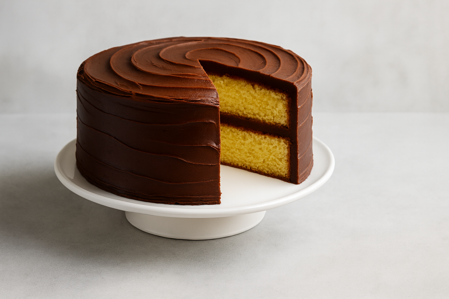A cake with chocolate icing on a raised cake plate with one slice out of it, revealing  vanilla cake beneath.