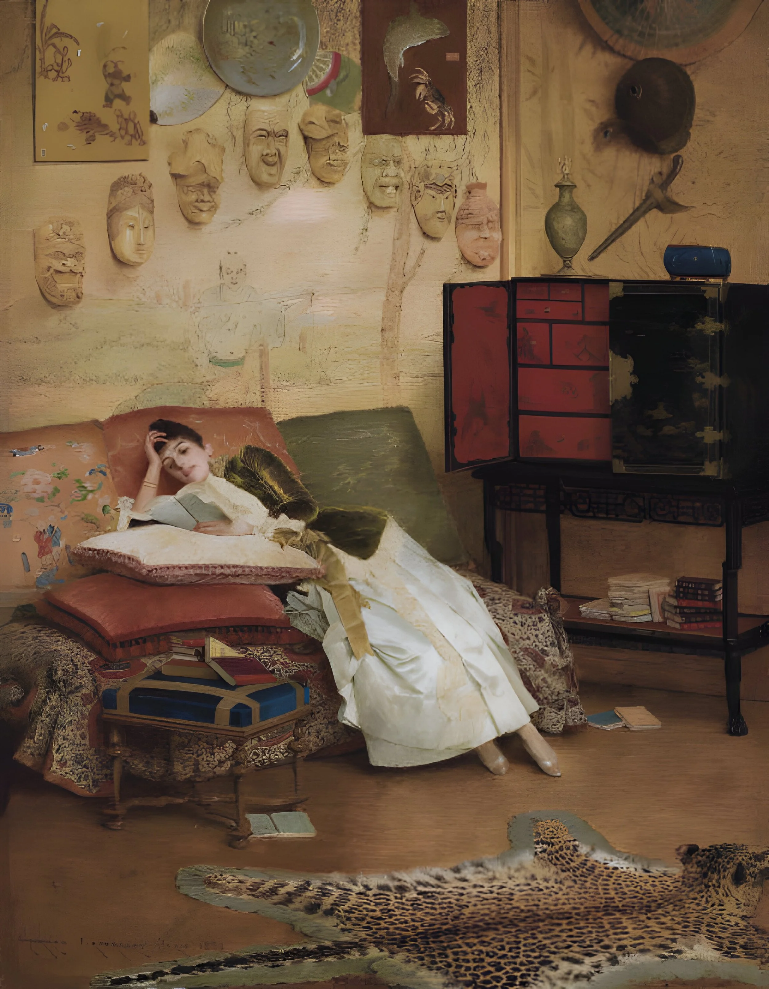 Painting of a woman reclining in an unconventional-for-women-at-the-time, informal pose, reading, on a pile of cushions in an exotic interior, illustrating the casual, creative, personal, hedonistic attitude of many Aesthetes.