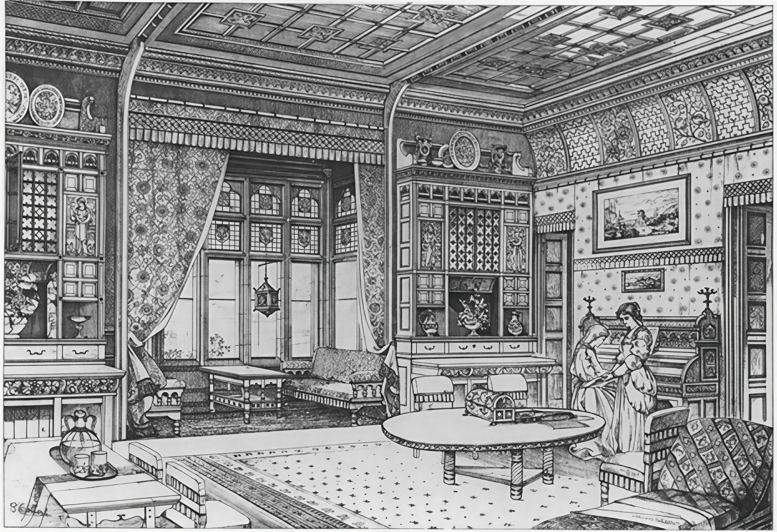 A black and white print of an Aesthetic interior: highly detailed,  yet highly organized
