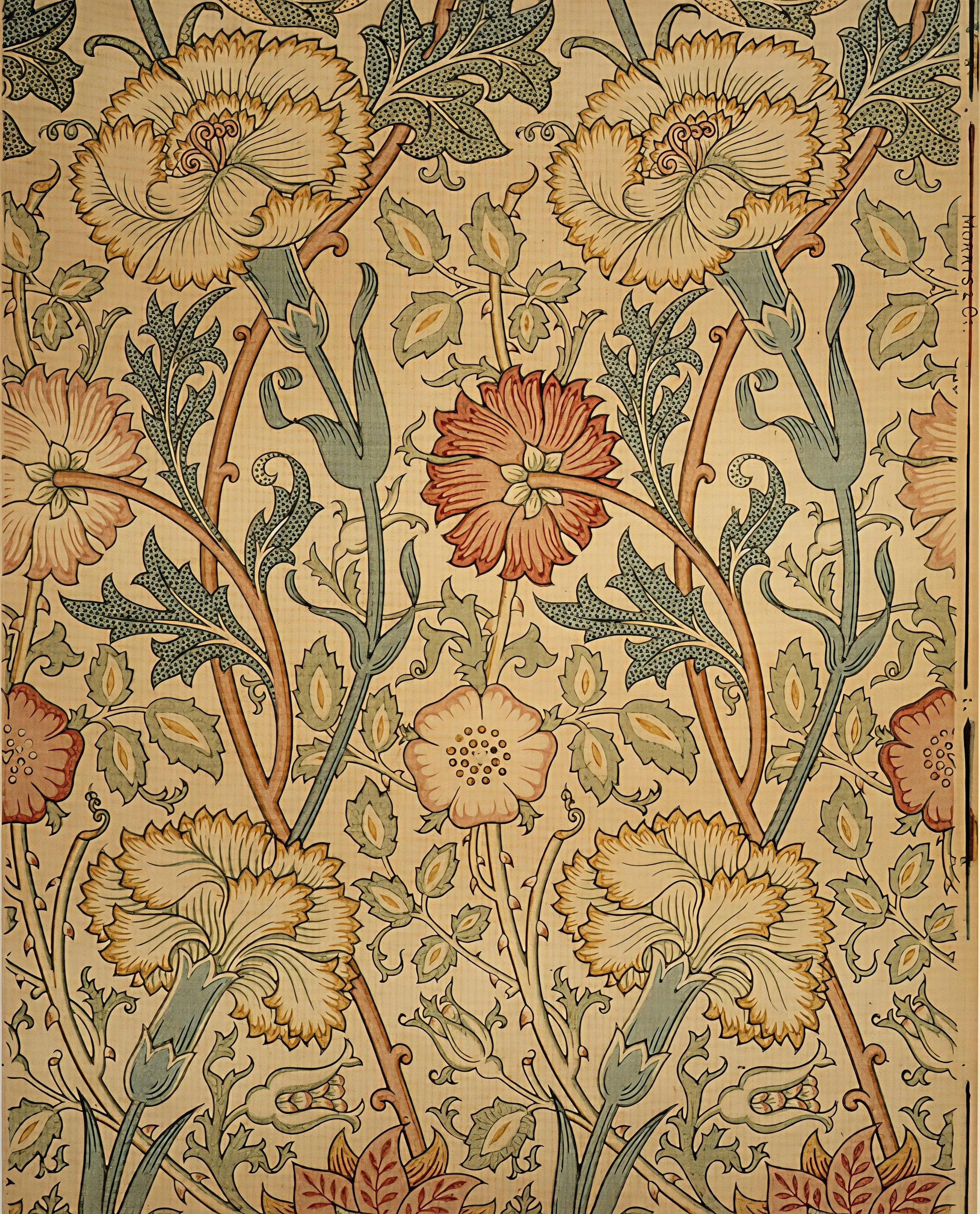 Wallpaper with Tudor roses and poppies, showing how Morris adapted a Medieval design to align with Design Reform principles. Perhaps not as much as Pugin’s, but still:  two-dimensional, like the paper and wall, and stylized to modernize