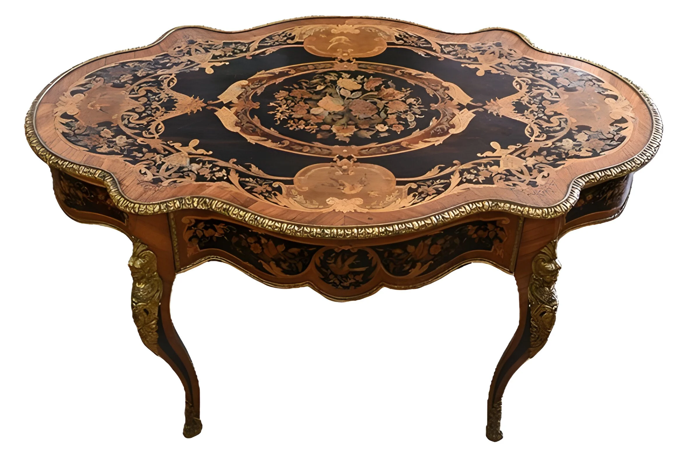 Highly ornamented,  Rococo Revival table, with carving, elaborate marquetry and brass, to illustrate what was considered an over-abundance of ornament and poor design by Design Refomers