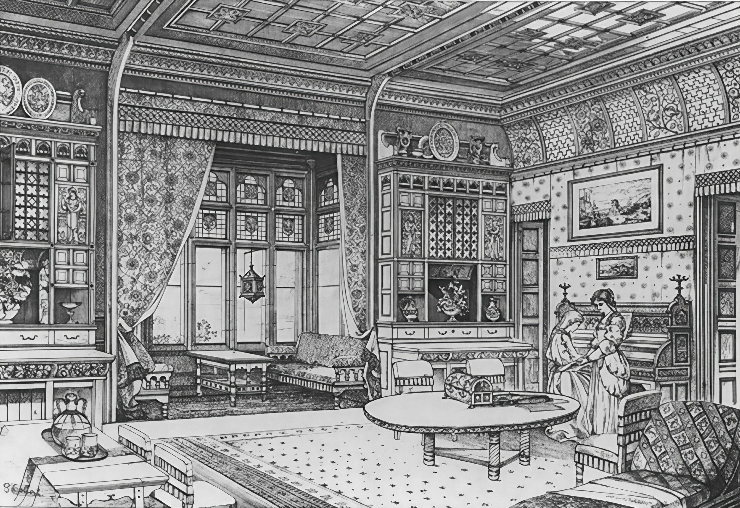 A black and white print of an Aesthetic interior: highly detailed,  yet highly organized