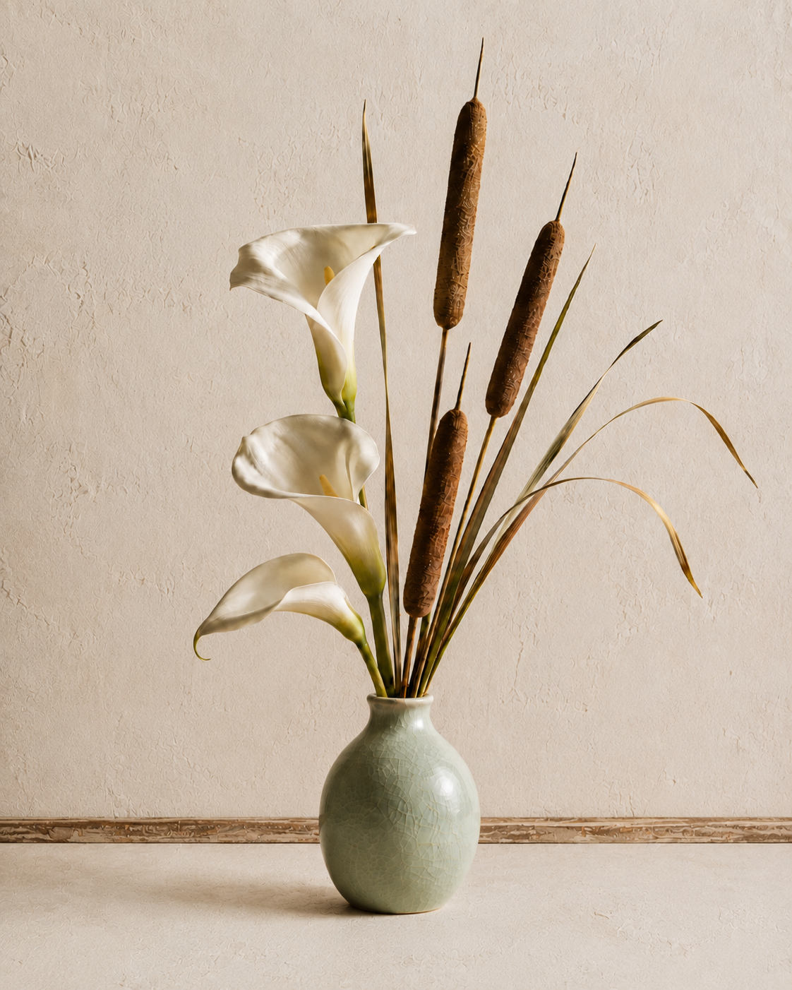 a vase containing 2 calla lilies, 3 cattails and some grass