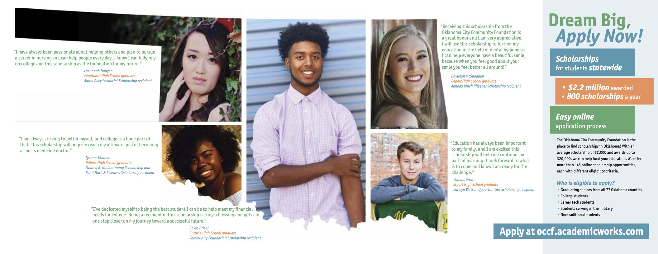 Brochure spread featuring photos of students in an Oklahoma  state array with quotes from each student