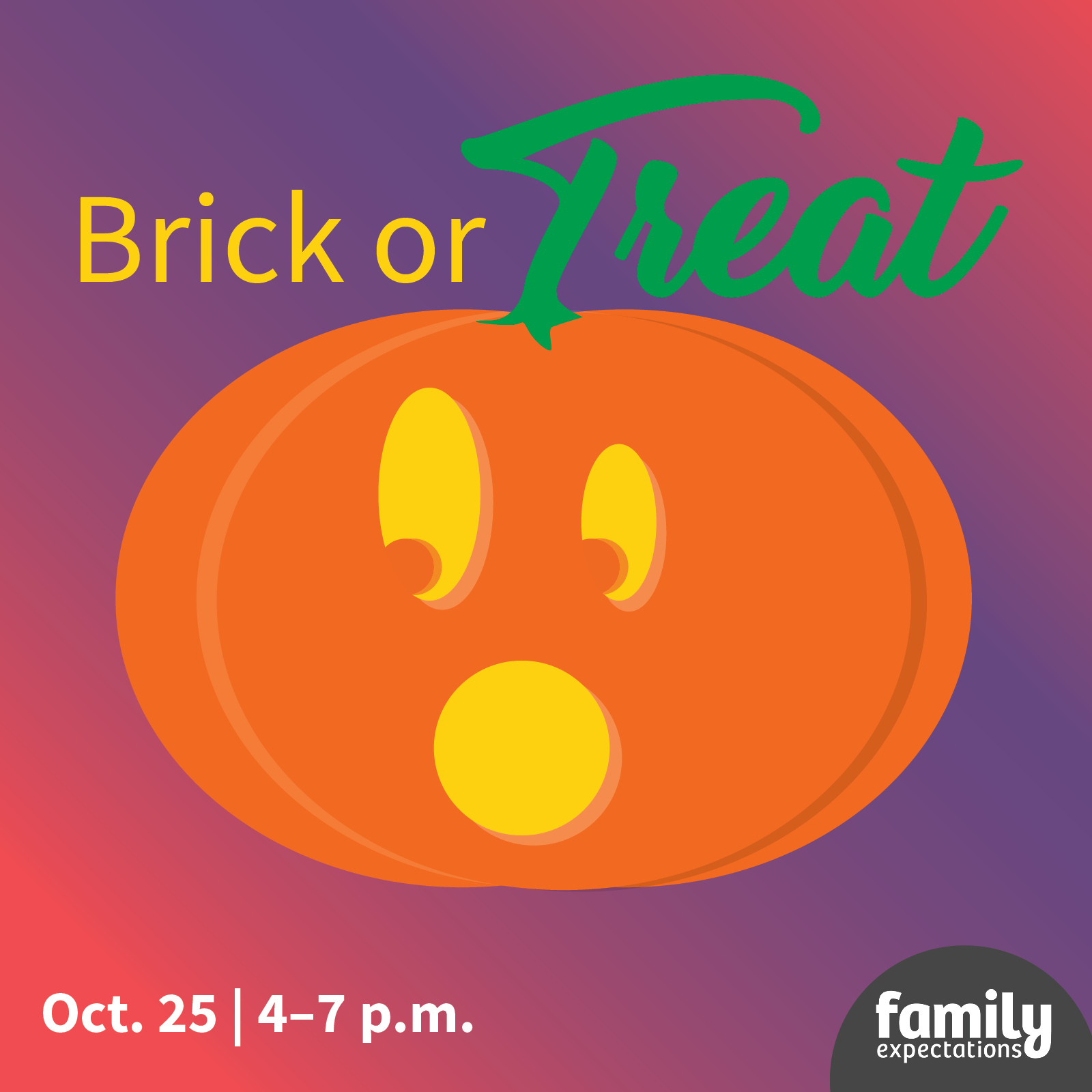 Illustration of a pumpkin with the text Brick or Treat