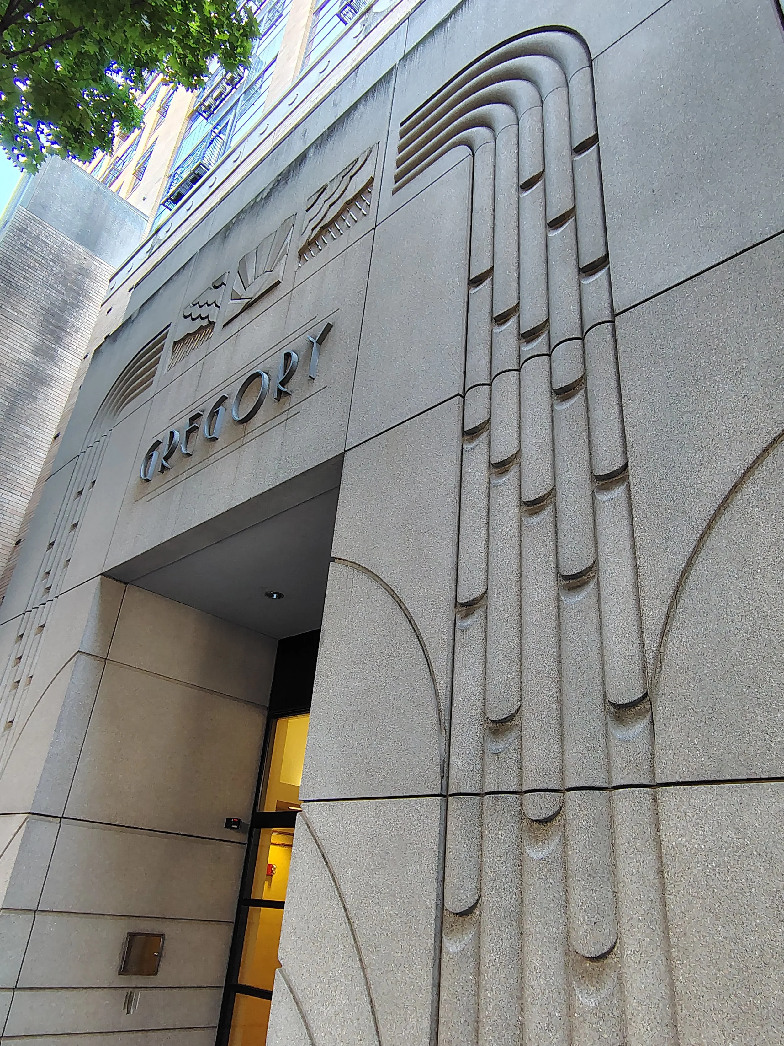 Art deco facade of the Gregory building in The Pearl in Portland  | Cell phone photo