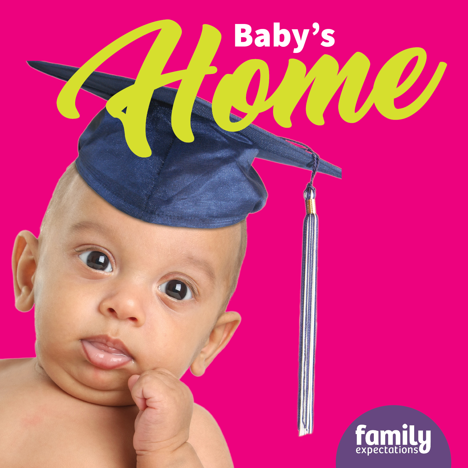 A photo of a baby with the text Baby's Home