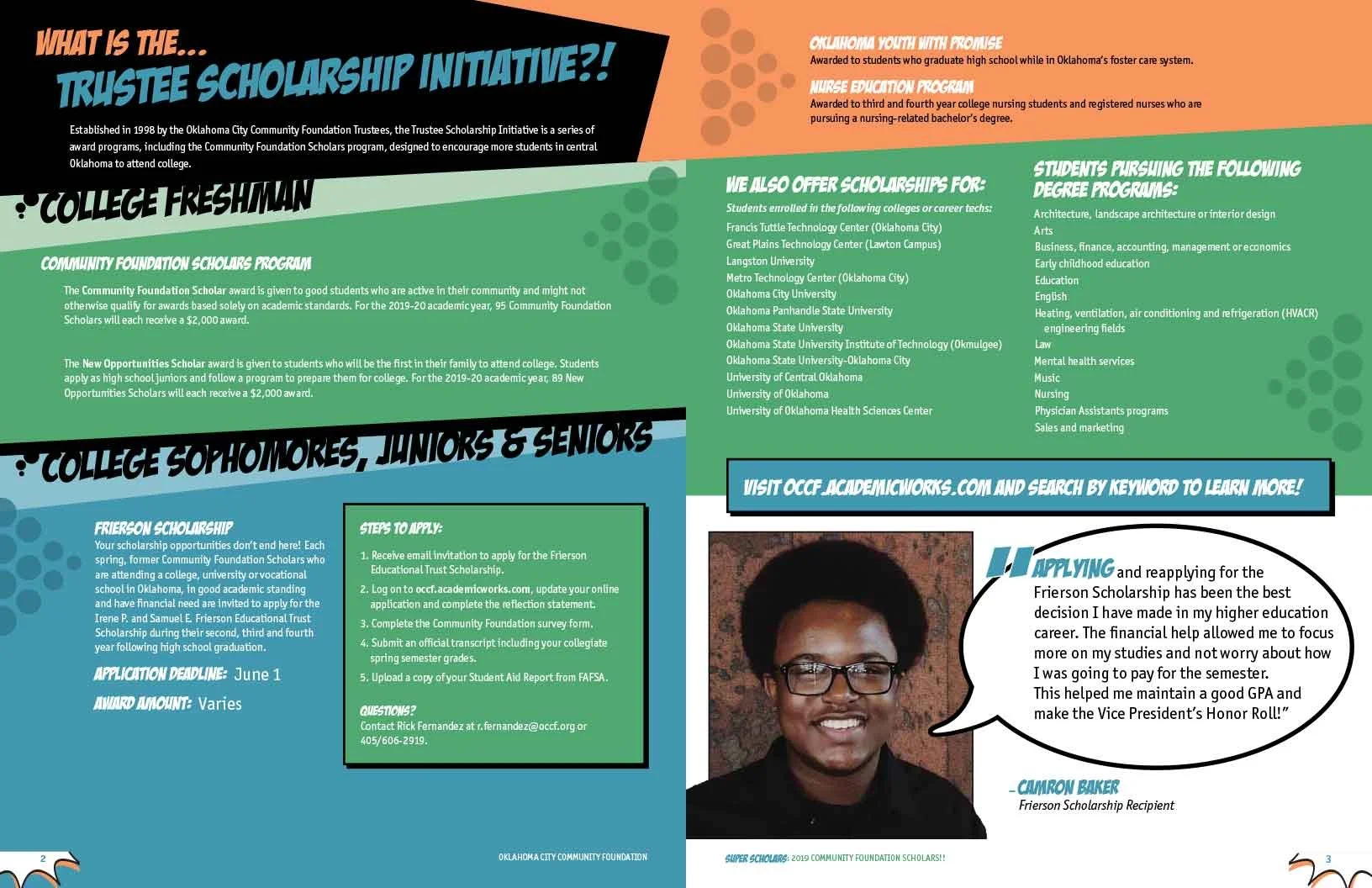 Pages with details on claiming a scholarship and a featured student