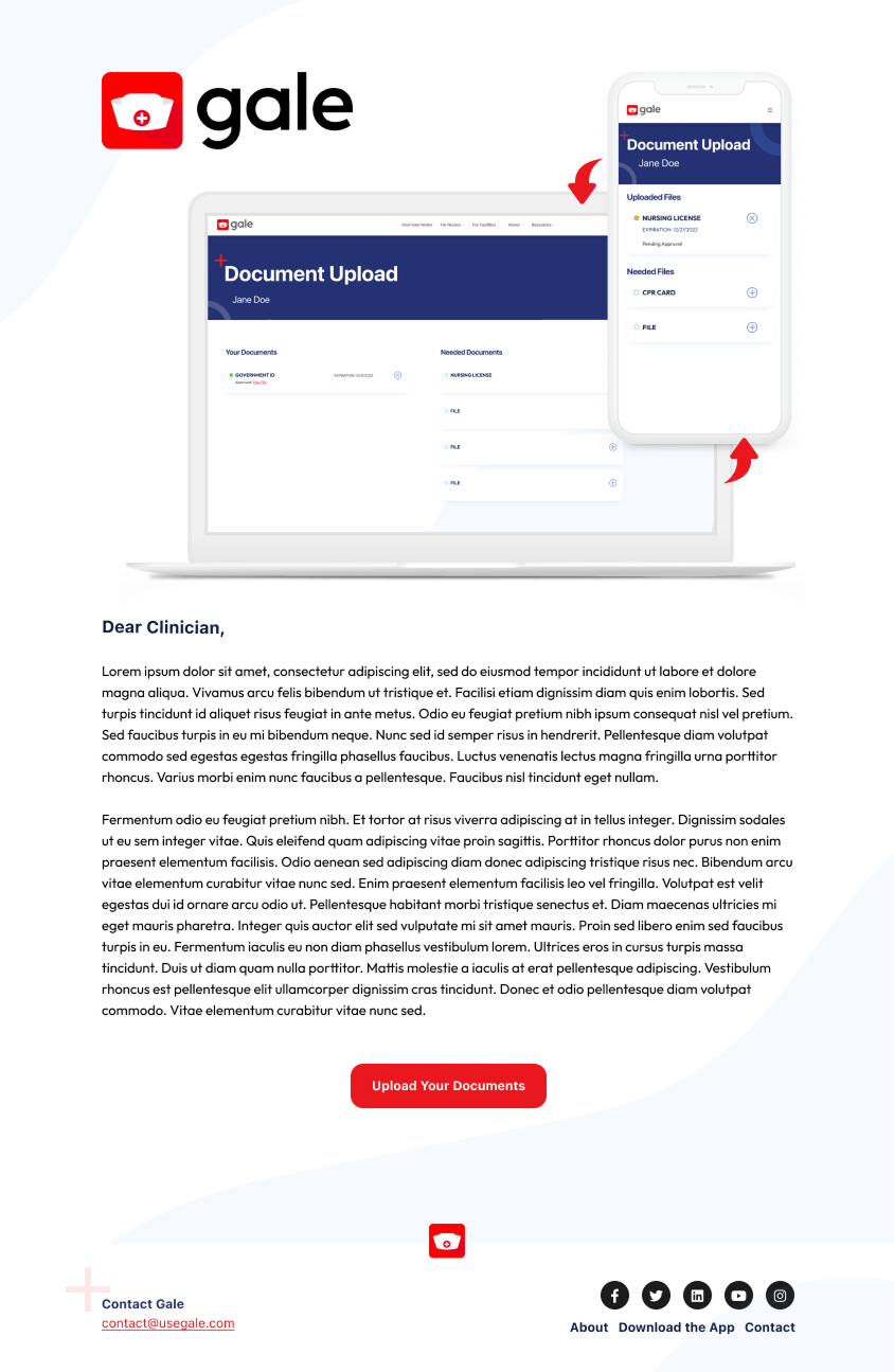 A sample email with illustrations of a laptop and phone showing a new web site feature allowing users to upload documents