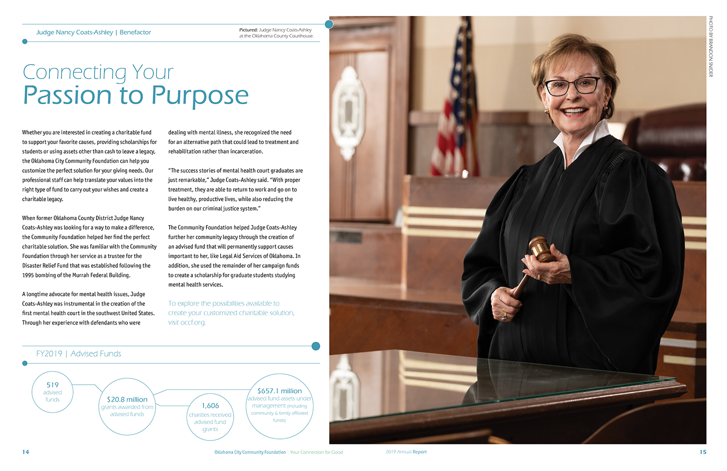 A two page spread featuring a judge in a courtroom and an article