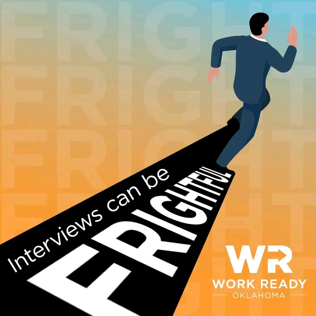 Illustration of a man running with the text Interviews can be frightful in his shadow.