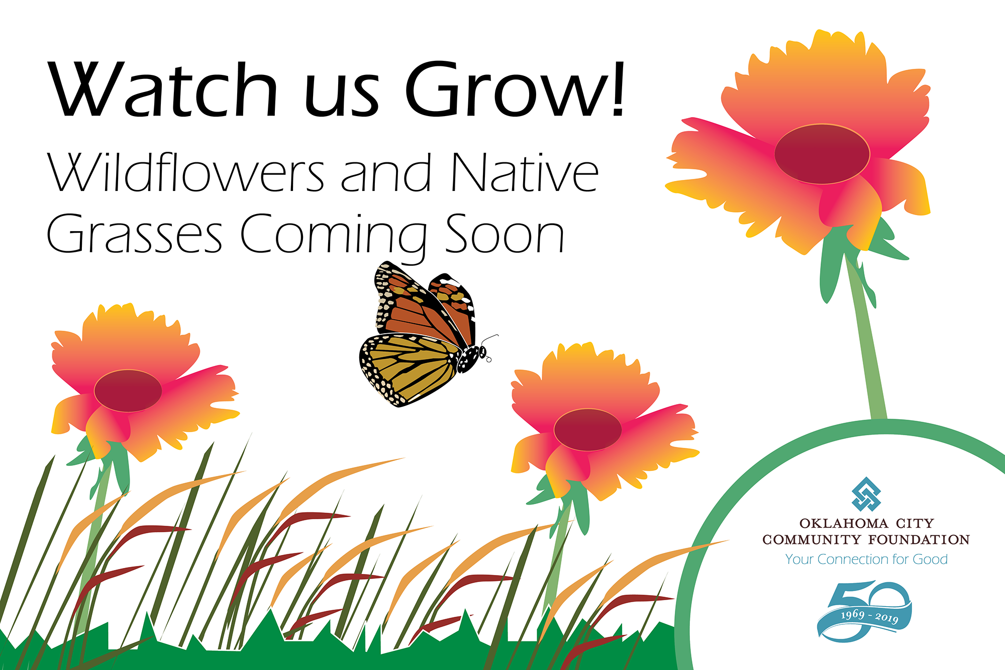 Sign with illustration of butterfy and native grasses