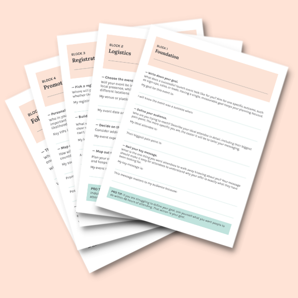 A stack of printed documents related to event planning and logistics, partially overlapping each other, on a light pink background.