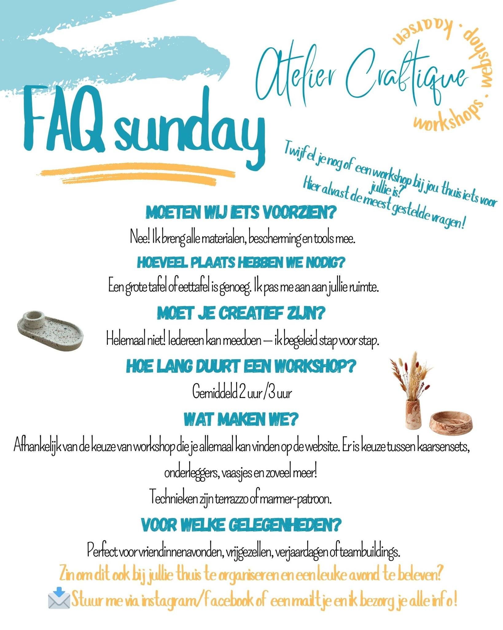 Twijfel je nog over een workshop bij jou thuis? Hier beantwoord ik de meest gestelde vragen 👇 
#ateliercraftique #workshopathome #jesmonite #terrazzo #marmerlook #vriendinnenavond #teambuildingbelgi&euml; #vrijgezellenfeest #handgemaakt #westvlaande