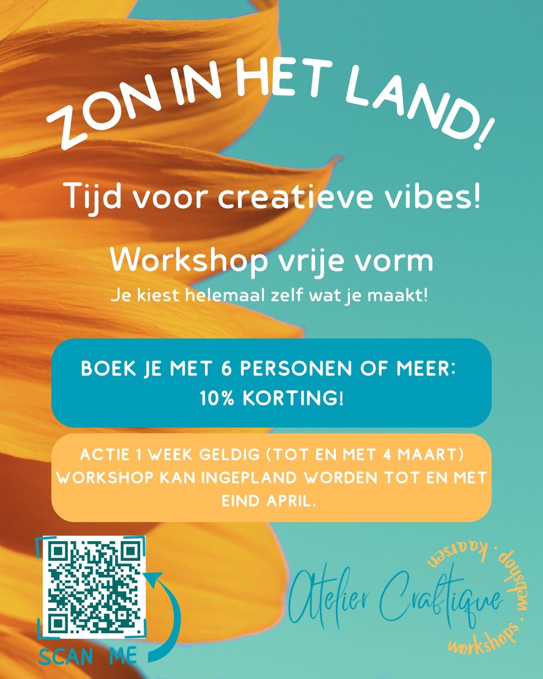 Eindelijk wat zon in Belgi&euml; = tijd voor creatieve vibes! ☀️💛💙💚
Vier het mooie weer met een workshop vrije vorm @ home 🎨
Je kiest volledig zelf wat je maakt!
👉 Boek met 6 personen of meer en krijg 10% korting ✨
⏳ Actie 1 week geldig
📅 In te
