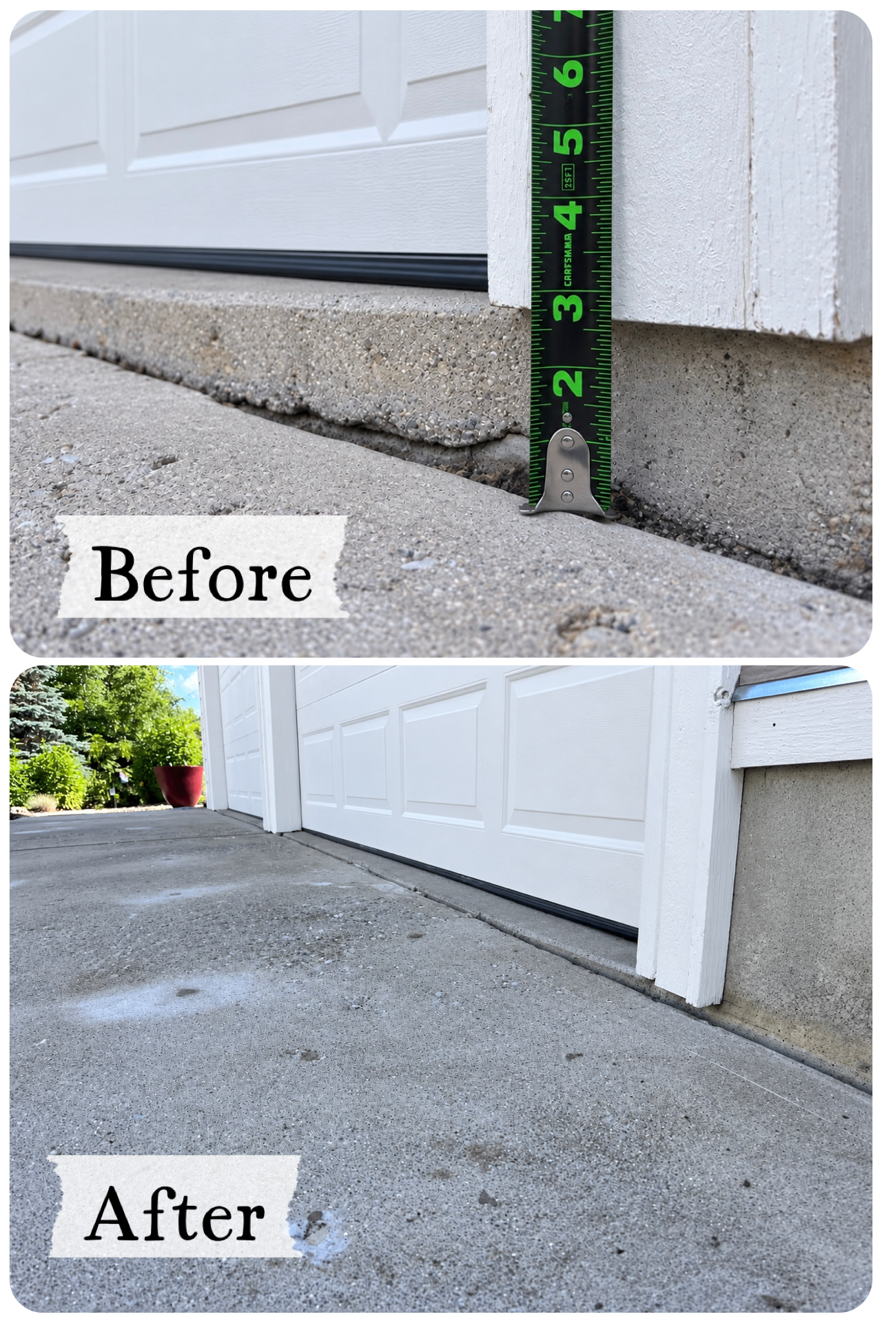 Before and after an UpGrade driveway lift at a white garage