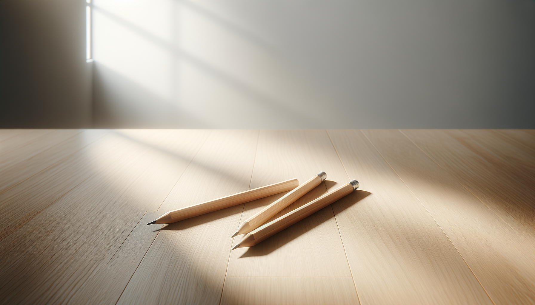 Tre matite di legno su un pavimento di legno chiaro con luce naturale