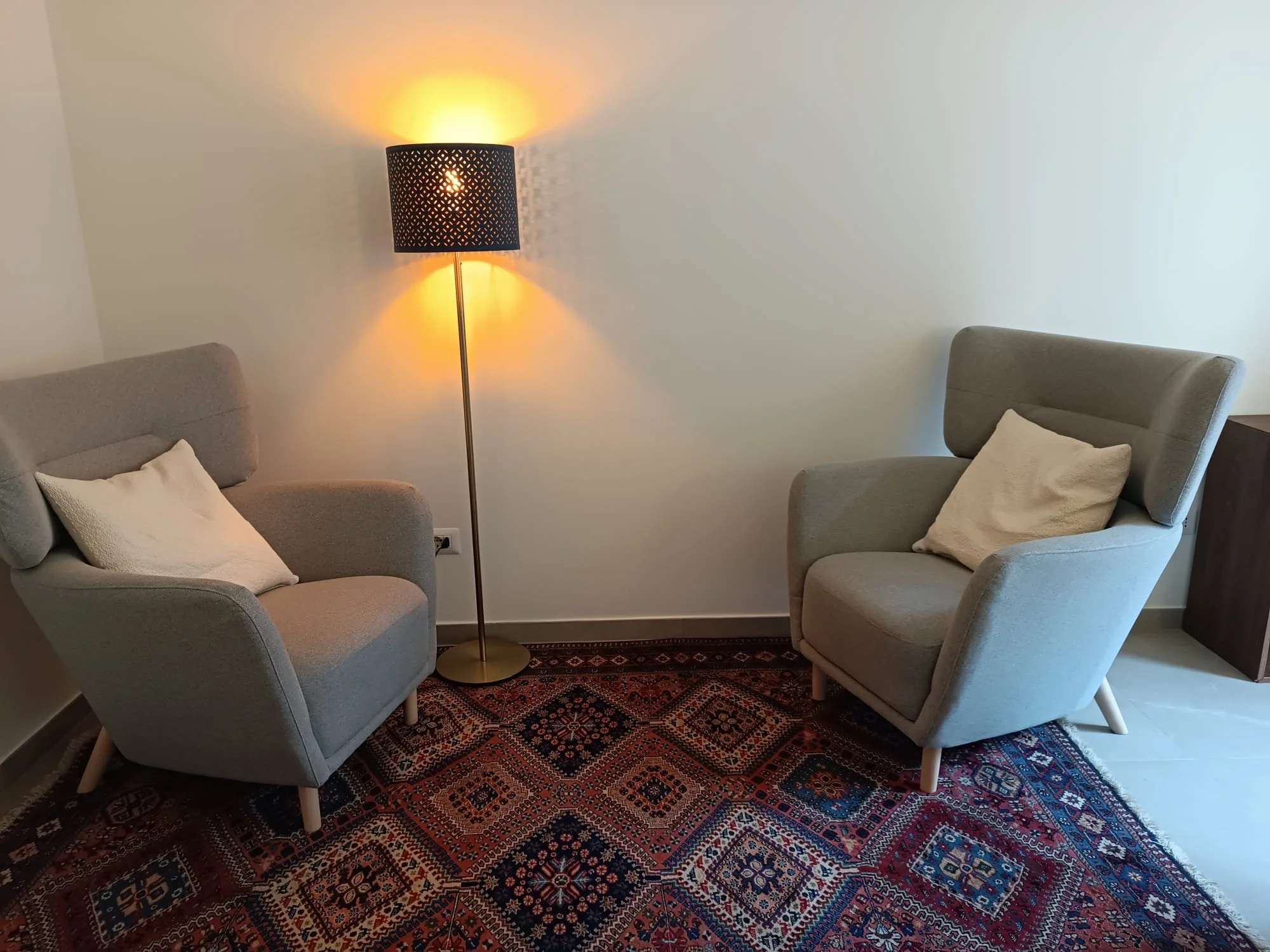 Due poltrone grigie con cuscini chiari, lampada da terra accesa tra le poltrone, tappeto persiano sui toni del rosso e blu, parete bianca