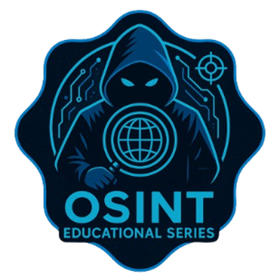 A dark blue digital illustration of a hooded figure with glowing eyes, holding a globe, with circuit lines and a target symbol, representing cybersecurity or hacking, with the text 'OSINT Educational Series'.