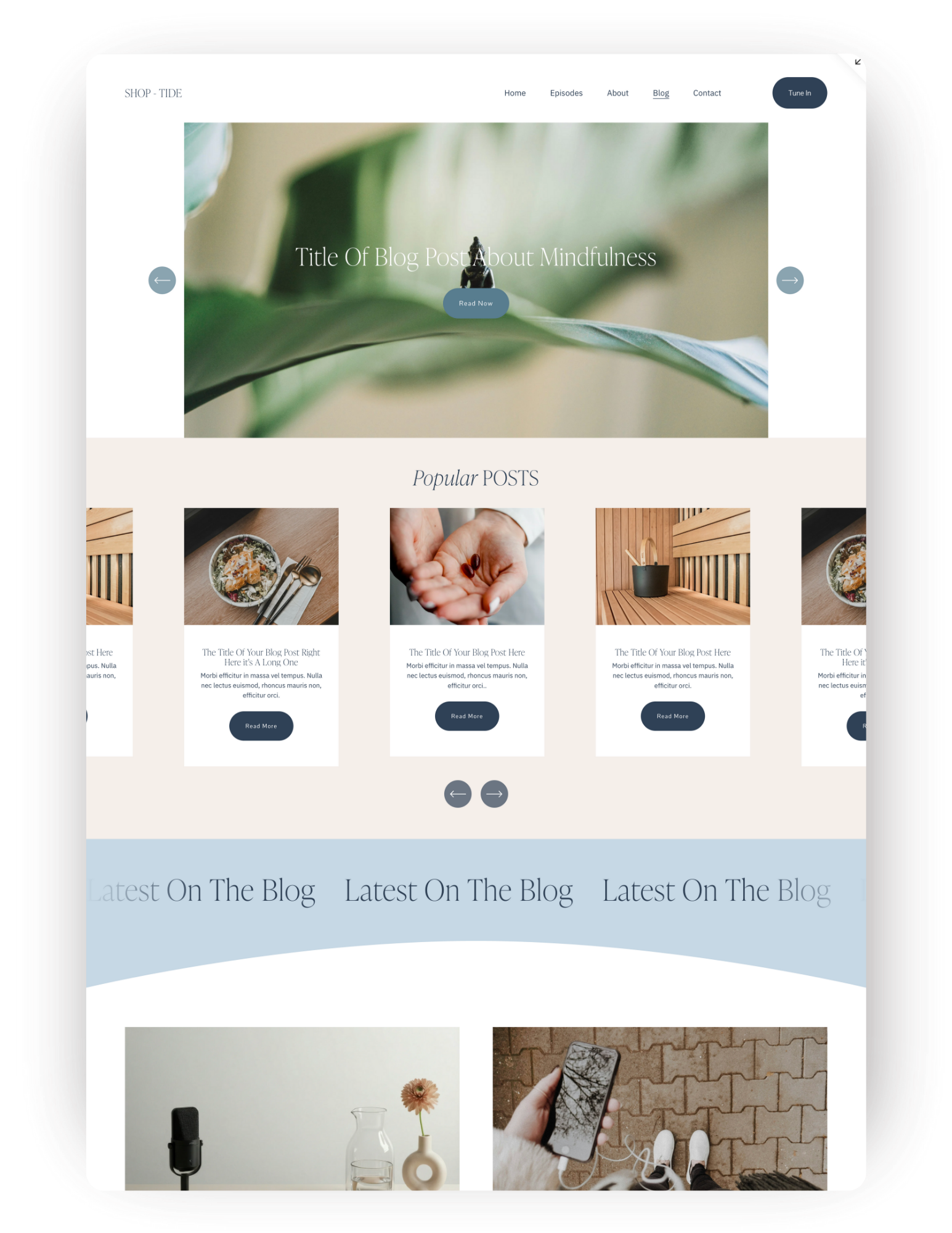 A screenshot of a blog website homepage with a nature-themed header image, featured posts, and a section titled "Latest On The Blog" with two images of a microphone, a vase with flowers, and a person holding a phone.