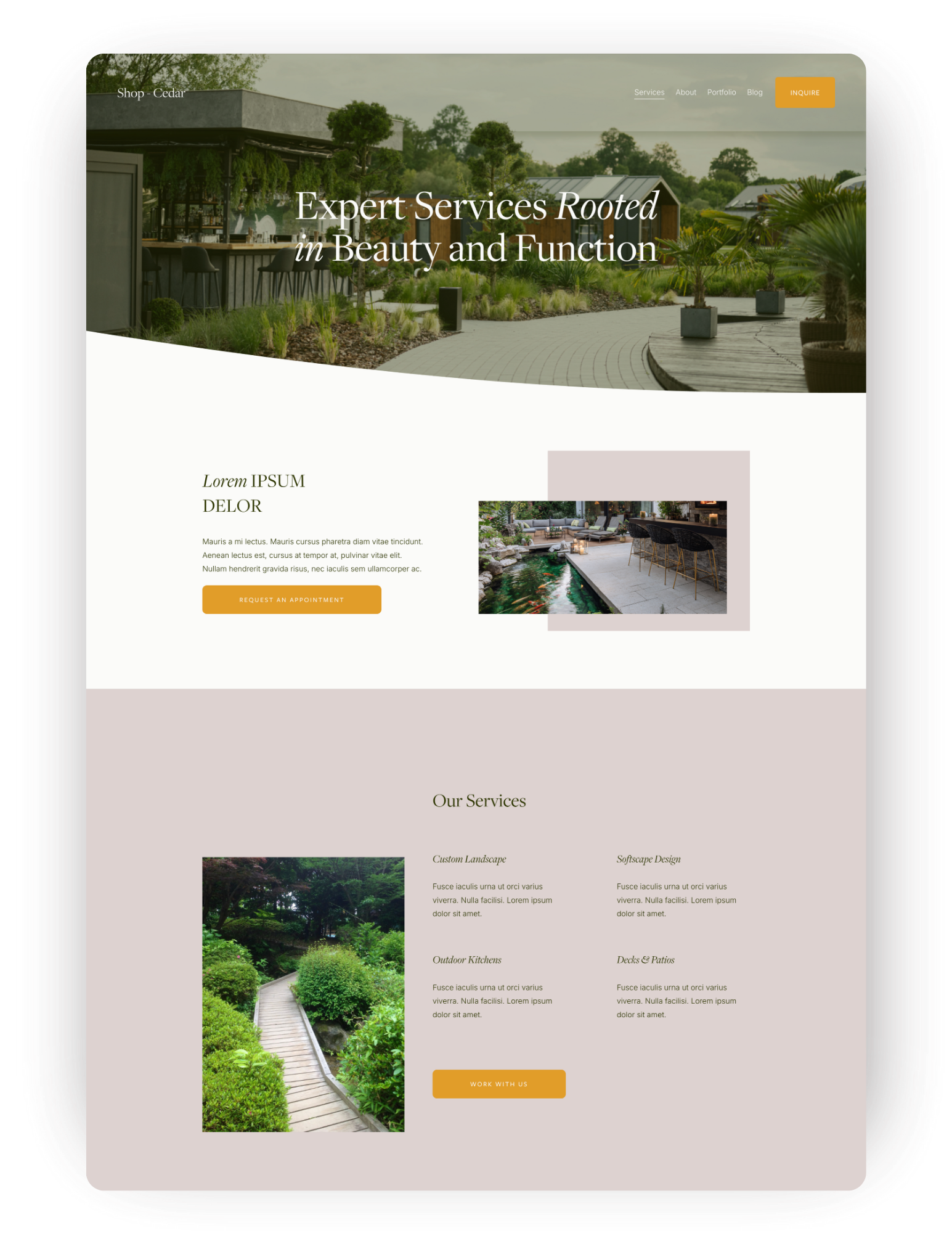 A landscaping service website homepage featuring a modern outdoor garden with trees, plants, and a pathway, with sections displaying services, images, and contact buttons.