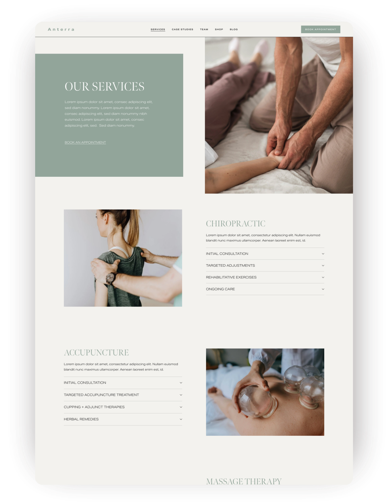 Service page for a health and wellness website template great for acupuncture, massage, chiropractors and physical therapy