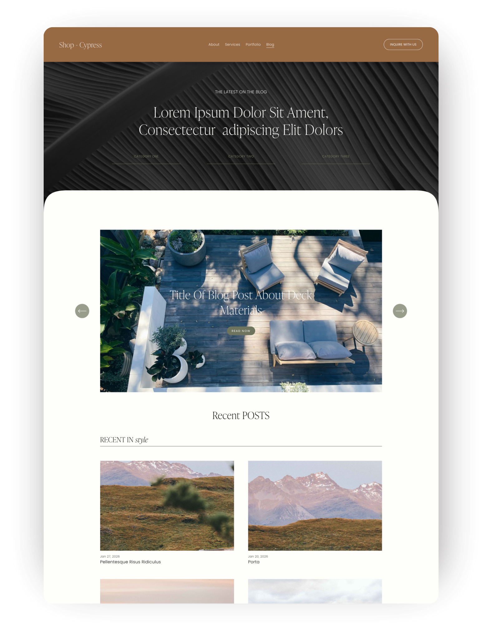 A screenshot of a blog website titled 'Shop - Cypress'. The homepage features a top navigation bar with links, a header with placeholder text, a carousel with a photo of outdoor furniture on a wooden deck, and sections displaying recent blog posts with images of mountains and landscapes.