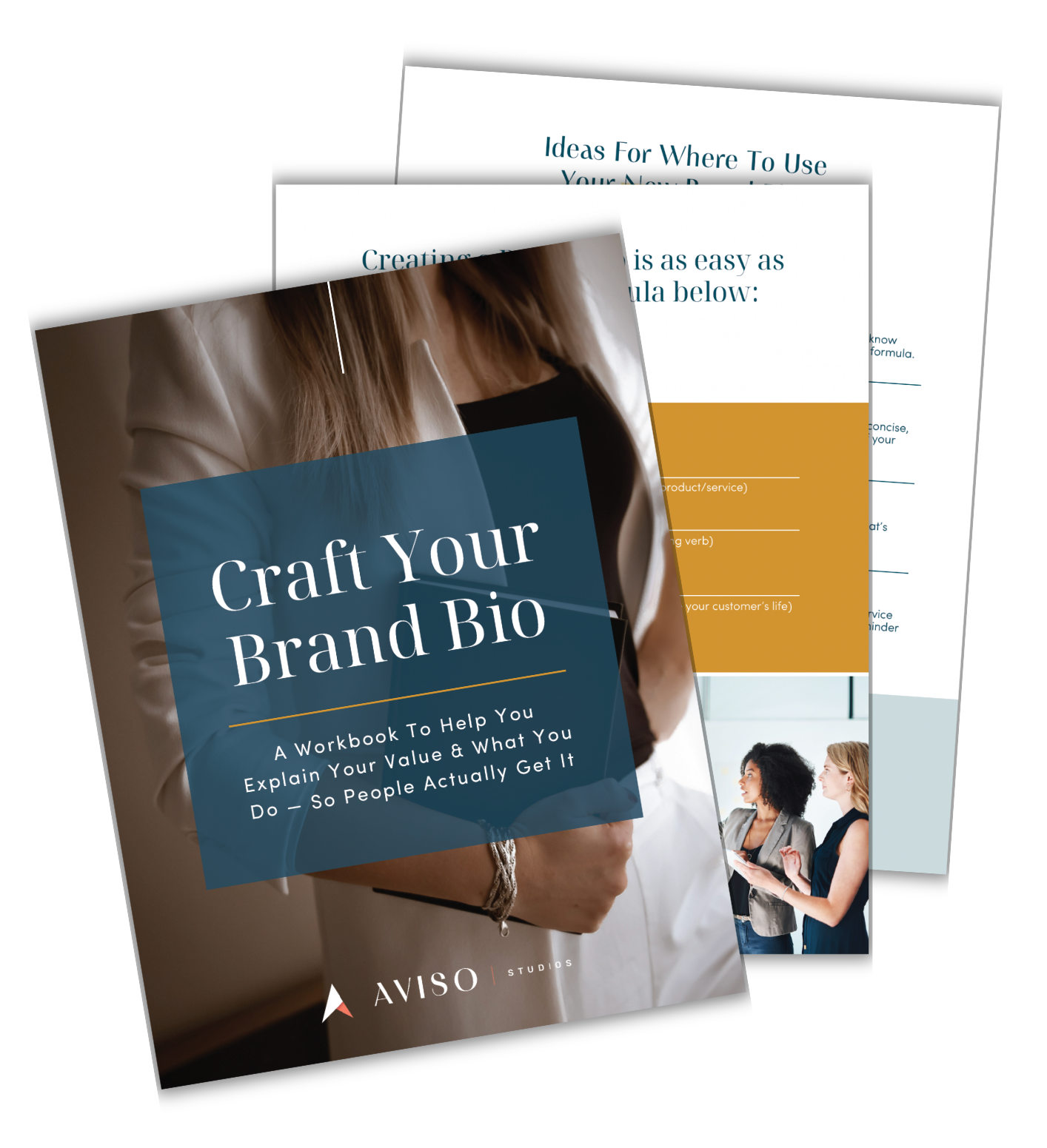 Cover image of a workbook titled 'Craft Your Brand Bio' with a subtitle 'A Workbook To Help You Explain Your Value & What You Do - So People Actually Get It', featuring a woman with long hair wearing a white blazer. Behind the cover, there are two pages of the workbook with text on strategies for creating a brand bio.