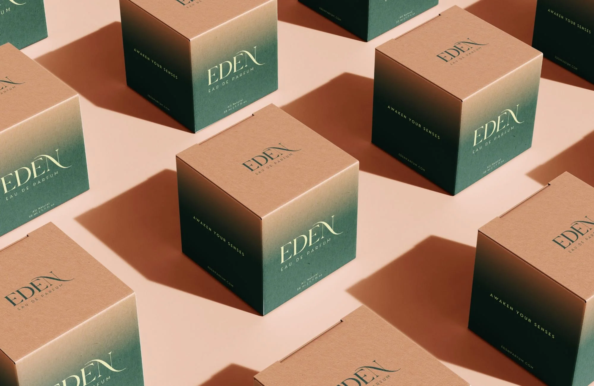 Boxes of EDEN Eau de Parfum arranged on a pink surface, with shadows cast by the boxes.