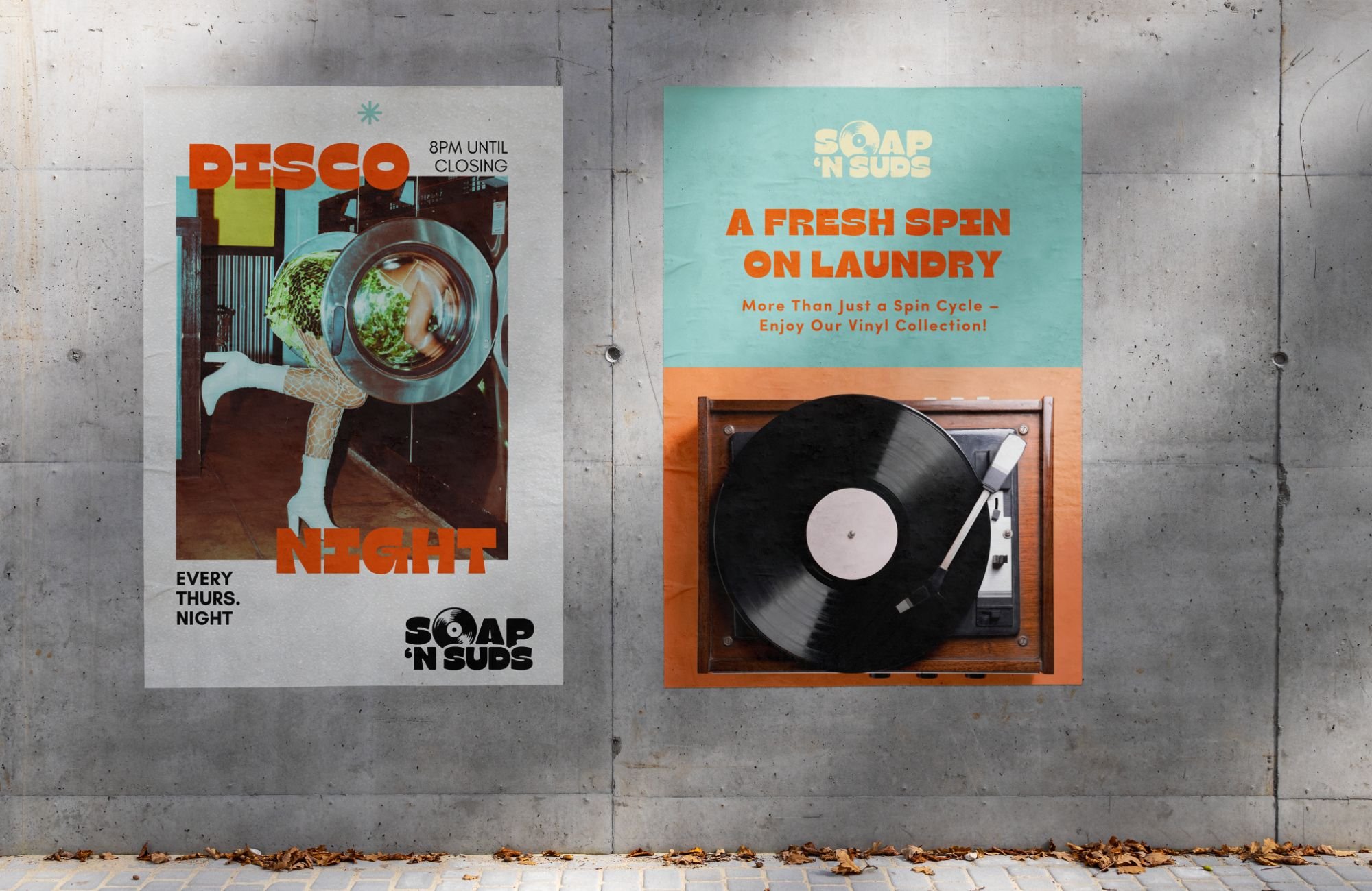 Two posters on a concrete wall with a vinyl record and turntable between them. The left poster advertises a nightclub event called 'Disco Tonight' every Thursday night, with a colorful photo of a person with a washing machine as a head. The right poster promotes 'Soap 'N Suds,' a vinyl collection inspired by laundry, featuring a black vinyl record on a turntable with a teal and orange background.