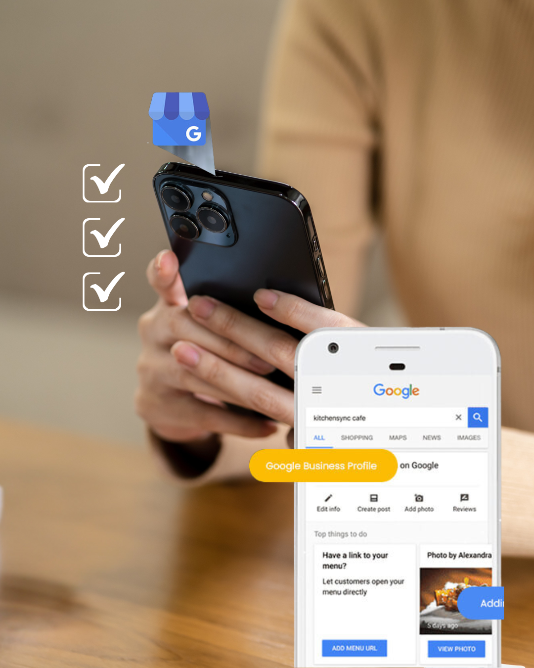 Small business owner setting up Google Business Profile on smartphone to attract local customers.