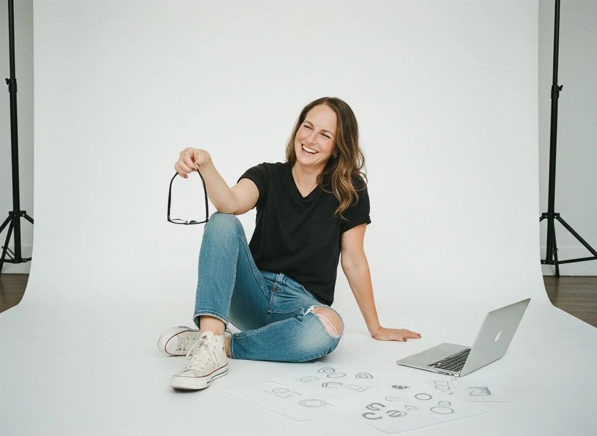 Photo of expert small business website designer Liz Kroft on the floor of a studio with laptop and brand design sketches in Santa Cruz California.