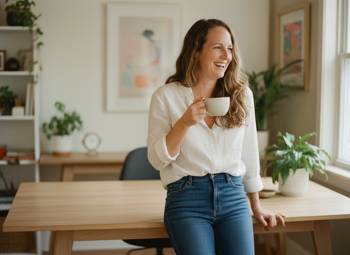 Liz Kroft, founder of Aviso Studios, smiling with a coffee in her home office in Santa Cruz, California.