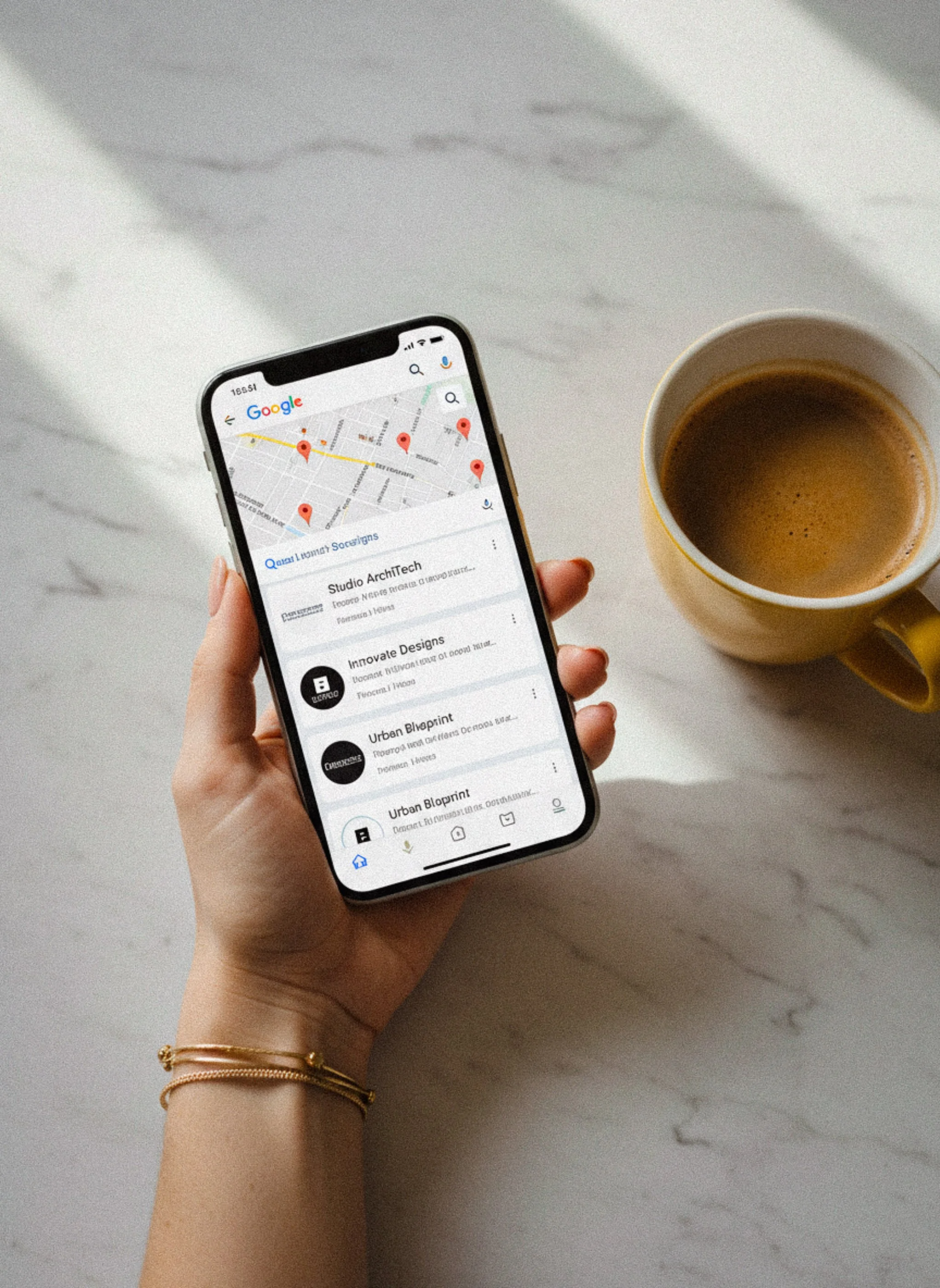 Mobile phone displaying Google local SEO search results for small businesses